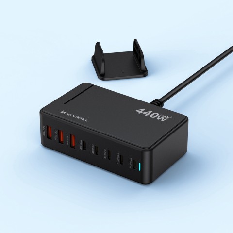 
Stalinė įkrovimo stotelė 3x USB-A 5x USB-C GaN QC3 440W - juoda
