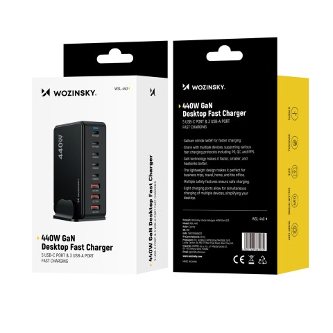
Stalinė įkrovimo stotelė 3x USB-A 5x USB-C GaN QC3 440W - juoda
