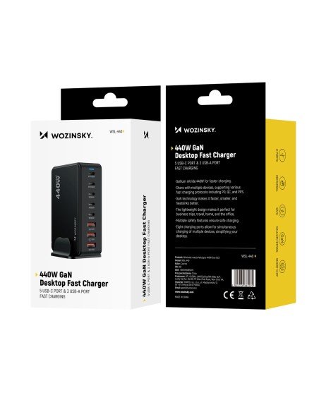 
Stalinė įkrovimo stotelė 3x USB-A 5x USB-C GaN QC3 440W - juoda
