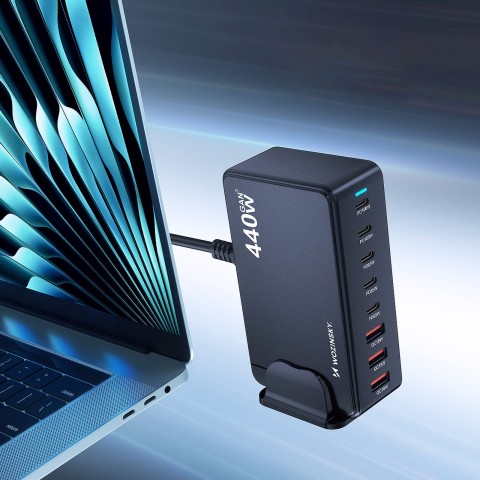 
Stalinė įkrovimo stotelė 3x USB-A 5x USB-C GaN QC3 440W - juoda
