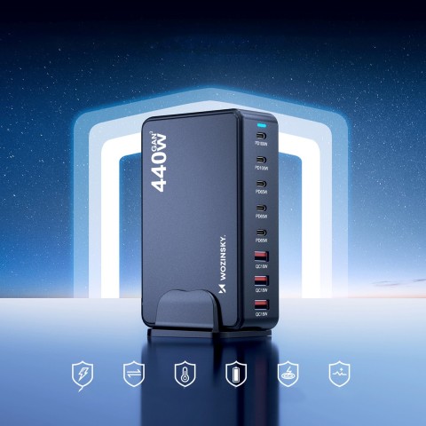 
Stalinė įkrovimo stotelė 3x USB-A 5x USB-C GaN QC3 440W - juoda
