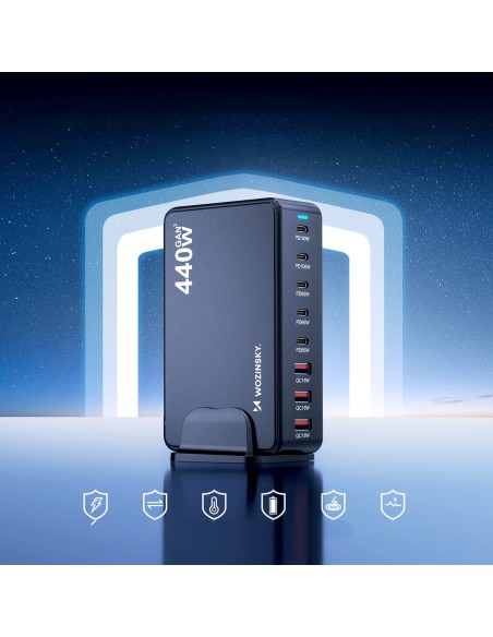 
Stalinė įkrovimo stotelė 3x USB-A 5x USB-C GaN QC3 440W - juoda
