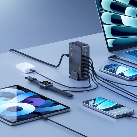 
Stalinė įkrovimo stotelė 3x USB-A 5x USB-C GaN QC3 440W - juoda
