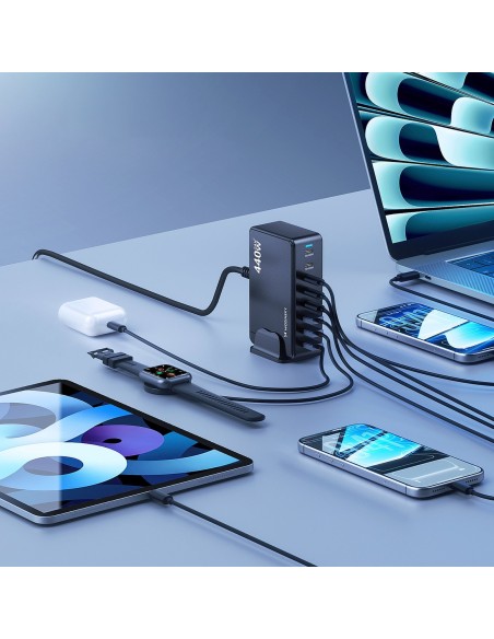 
Stalinė įkrovimo stotelė 3x USB-A 5x USB-C GaN QC3 440W - juoda

