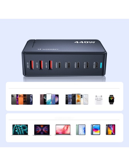 
Stalinė įkrovimo stotelė 3x USB-A 5x USB-C GaN QC3 440W - juoda
