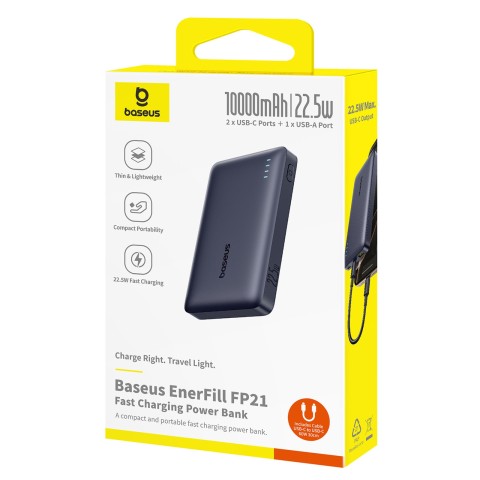 
Išorinė baterija 10000mAh 22.5W EnerFill FP21 USB-A USB-C su USB-C laidu - juoda
