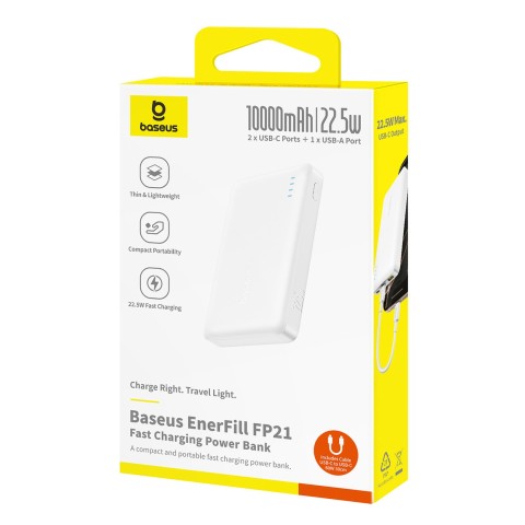 
Išorinė baterija 10000mAh 22.5W EnerFill FP21 USB-A USB-C su USB-C laidu - balta
