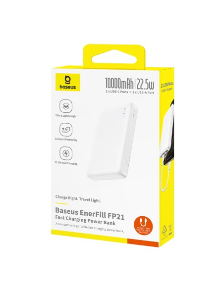 
Išorinė baterija 10000mAh 22.5W EnerFill FP21 USB-A USB-C su USB-C laidu - balta
