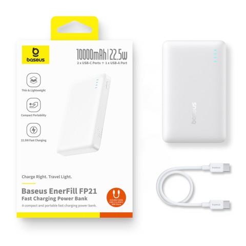 
Išorinė baterija 10000mAh 22.5W EnerFill FP21 USB-A USB-C su USB-C laidu - balta
