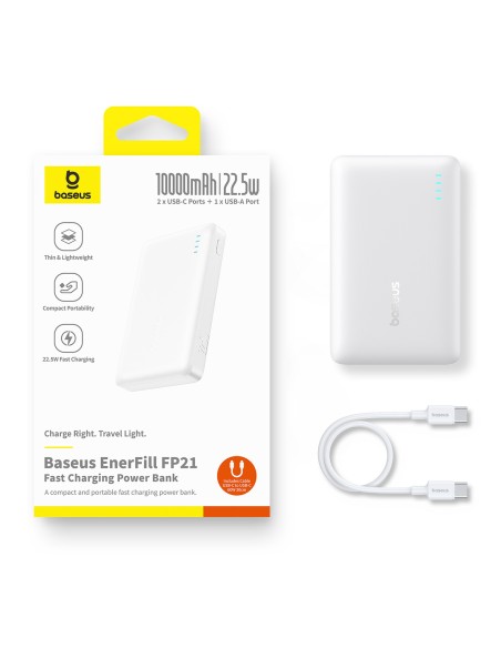
Išorinė baterija 10000mAh 22.5W EnerFill FP21 USB-A USB-C su USB-C laidu - balta
