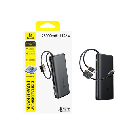 
25000mAh 145W išorinė baterija su ekranu ir integruotais USB-C laidais - juoda
