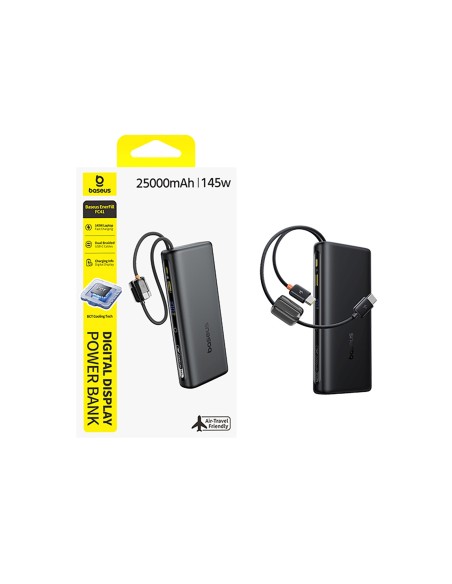 
25000mAh 145W išorinė baterija su ekranu ir integruotais USB-C laidais - juoda
