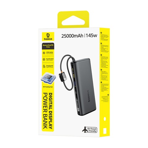 
25000mAh 145W išorinė baterija su ekranu ir integruotais USB-C laidais - juoda
