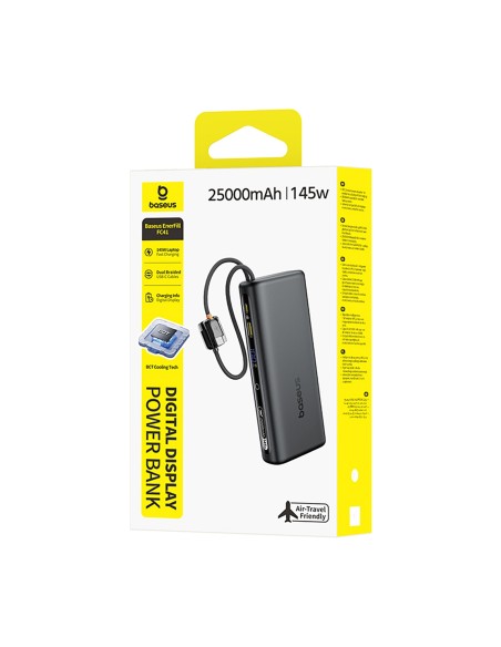 
25000mAh 145W išorinė baterija su ekranu ir integruotais USB-C laidais - juoda

