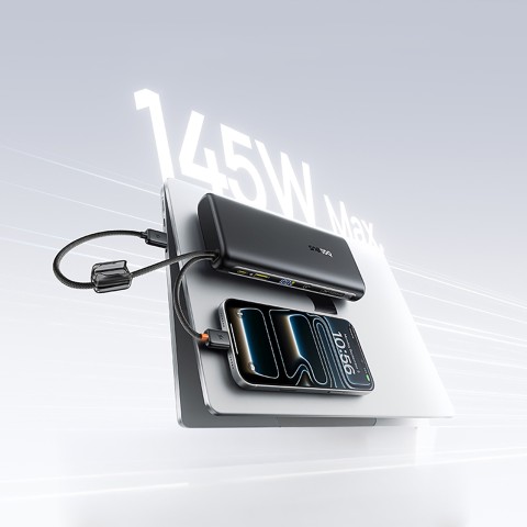 
25000mAh 145W išorinė baterija su ekranu ir integruotais USB-C laidais - juoda
