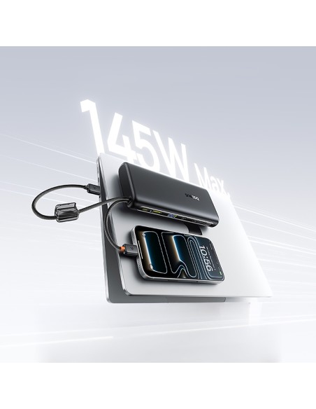 
25000mAh 145W išorinė baterija su ekranu ir integruotais USB-C laidais - juoda
