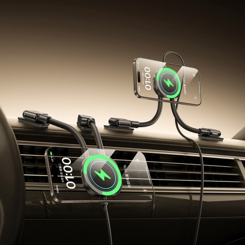 
Automobilinis laikiklis su indukciniu įkrovikliu išmaniajam telefonui ant prietaisų skydelio, lipnus - juodas
