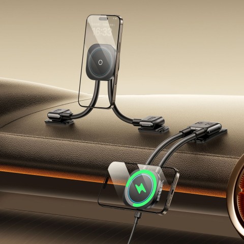 
Automobilinis laikiklis su indukciniu įkrovikliu išmaniajam telefonui ant prietaisų skydelio, lipnus - juodas
