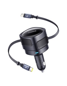 
Automobilinis įkroviklis su ištraukiamu USB-C iPhone Lightning laidu, 60 W – juodas
