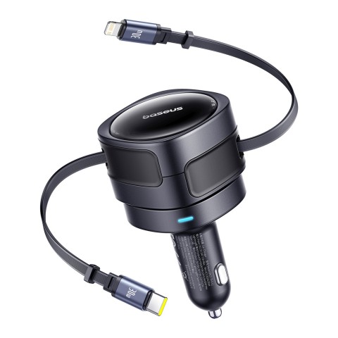 
Automobilinis įkroviklis su ištraukiamu USB-C iPhone Lightning laidu, 60 W – juodas
