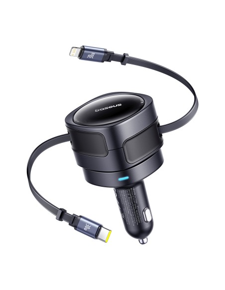 
Automobilinis įkroviklis su ištraukiamu USB-C iPhone Lightning laidu, 60 W – juodas
