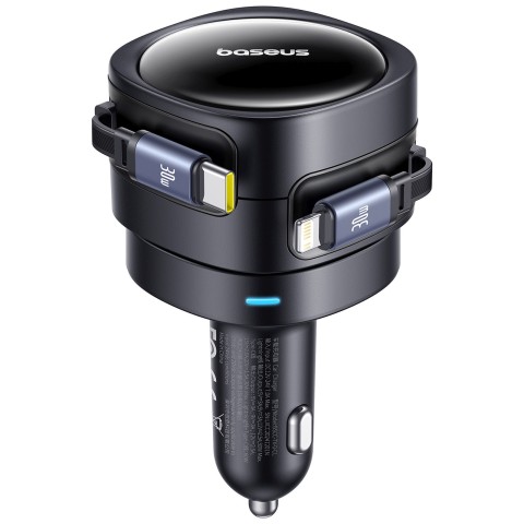 
Automobilinis įkroviklis su ištraukiamu USB-C iPhone Lightning laidu, 60 W – juodas
