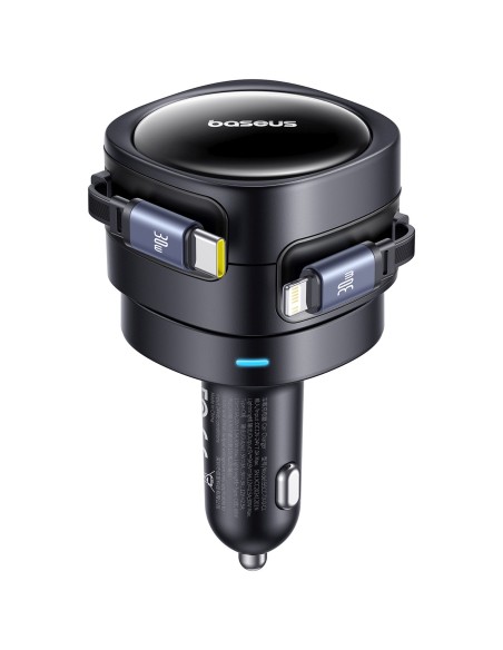 
Automobilinis įkroviklis su ištraukiamu USB-C iPhone Lightning laidu, 60 W – juodas
