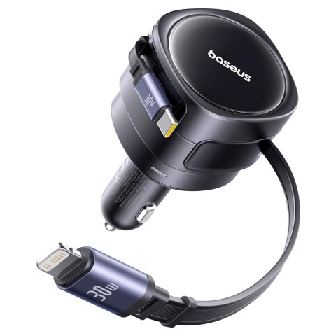 
Automobilinis įkroviklis su ištraukiamu USB-C iPhone Lightning laidu, 60 W – juodas
