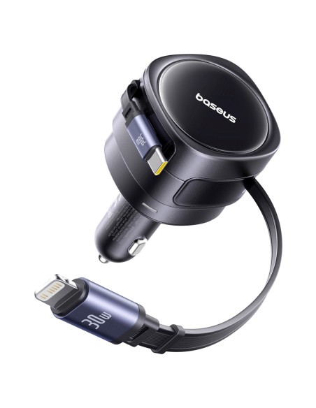 
Automobilinis įkroviklis su ištraukiamu USB-C iPhone Lightning laidu, 60 W – juodas
