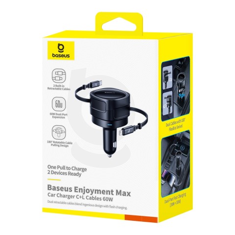 
Automobilinis įkroviklis su ištraukiamu USB-C iPhone Lightning laidu, 60 W – juodas
