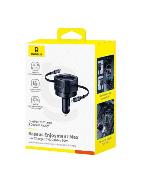 
Automobilinis įkroviklis su ištraukiamu USB-C iPhone Lightning laidu, 60 W – juodas

