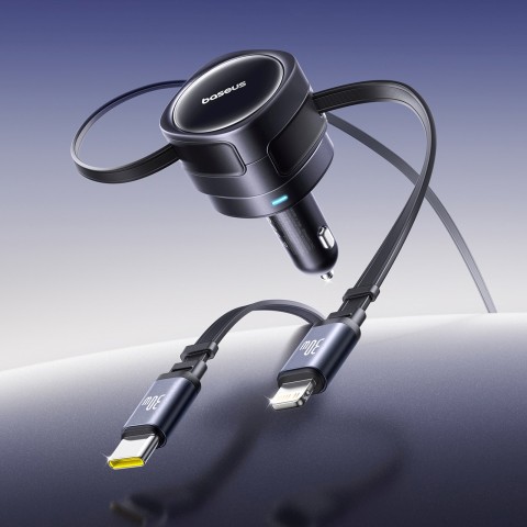 
Automobilinis įkroviklis su ištraukiamu USB-C iPhone Lightning laidu, 60 W – juodas
