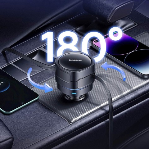 
Automobilinis įkroviklis su ištraukiamu USB-C iPhone Lightning laidu, 60 W – juodas
