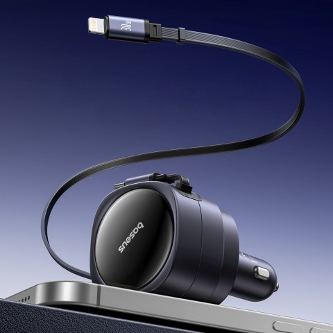 
Automobilinis įkroviklis su ištraukiamu USB-C iPhone Lightning laidu, 60 W – juodas
