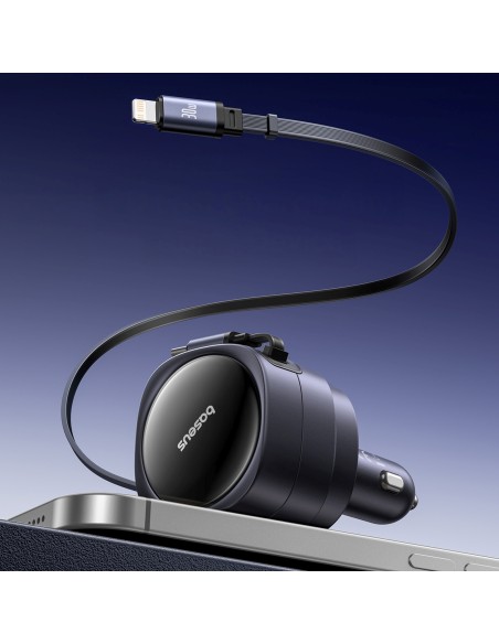 
Automobilinis įkroviklis su ištraukiamu USB-C iPhone Lightning laidu, 60 W – juodas
