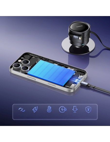 
Automobilinis įkroviklis su ištraukiamu USB-C iPhone Lightning laidu, 60 W – juodas
