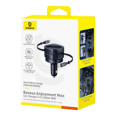 
Automobilinis įkroviklis su ištraukiamais USB-C laidais, 60 W – juodas
