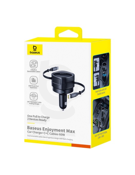 
Automobilinis įkroviklis su ištraukiamais USB-C laidais, 60 W – juodas
