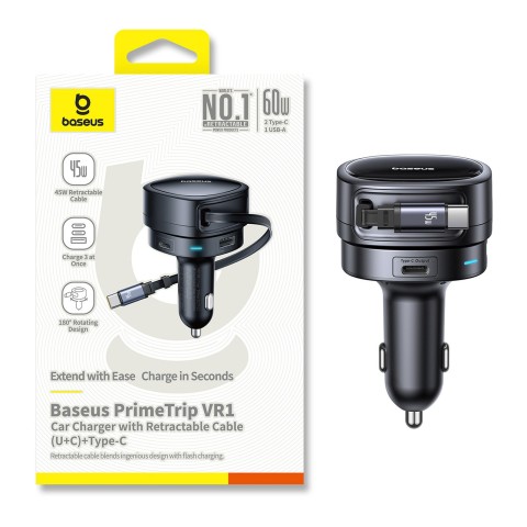 
USB-A USB-C automobilinis įkroviklis su ištraukiamu USB-C laidu, 60 W – juodas
