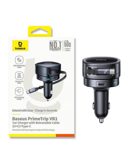 
USB-A USB-C automobilinis įkroviklis su ištraukiamu USB-C laidu, 60 W – juodas
