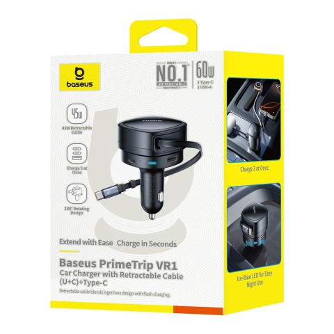 
USB-A USB-C automobilinis įkroviklis su ištraukiamu USB-C laidu, 60 W – juodas
