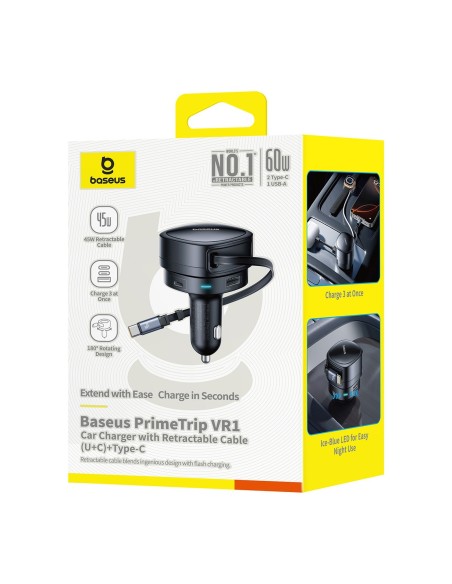 
USB-A USB-C automobilinis įkroviklis su ištraukiamu USB-C laidu, 60 W – juodas
