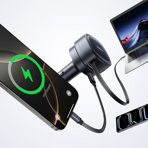 
USB-A USB-C automobilinis įkroviklis su ištraukiamu USB-C laidu, 60 W – juodas
