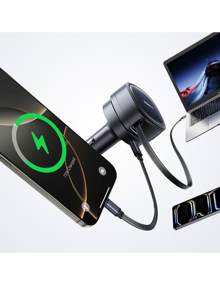 
USB-A USB-C automobilinis įkroviklis su ištraukiamu USB-C laidu, 60 W – juodas
