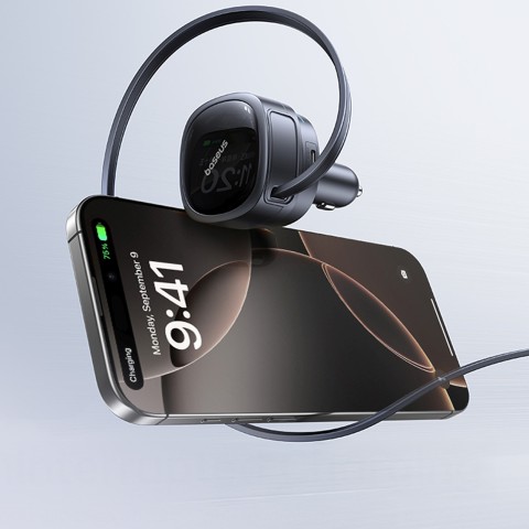 
USB-A USB-C automobilinis įkroviklis su ištraukiamu USB-C laidu, 60 W – juodas
