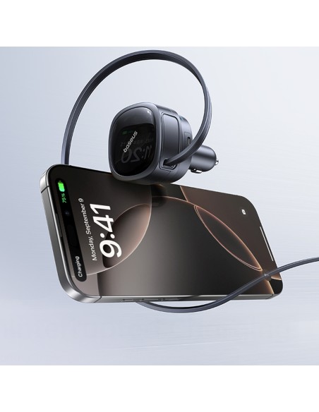 
USB-A USB-C automobilinis įkroviklis su ištraukiamu USB-C laidu, 60 W – juodas
