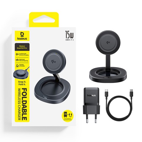 
Sulankstomas 15 W indukcinis įkroviklis su 20 W sieniniu įkrovikliu ir USB-C laidu – juodas
