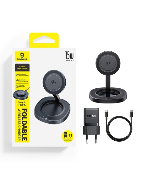 
Sulankstomas 15 W indukcinis įkroviklis su 20 W sieniniu įkrovikliu ir USB-C laidu – juodas
