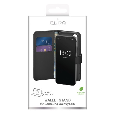
„Samsung Galaxy S26“ piniginės dėklas, ekologiškos odos dėklas – juodas
