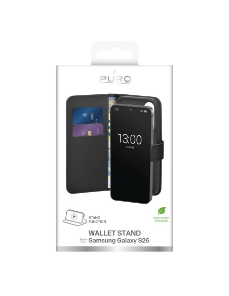 
„Samsung Galaxy S26“ piniginės dėklas, ekologiškos odos dėklas – juodas
